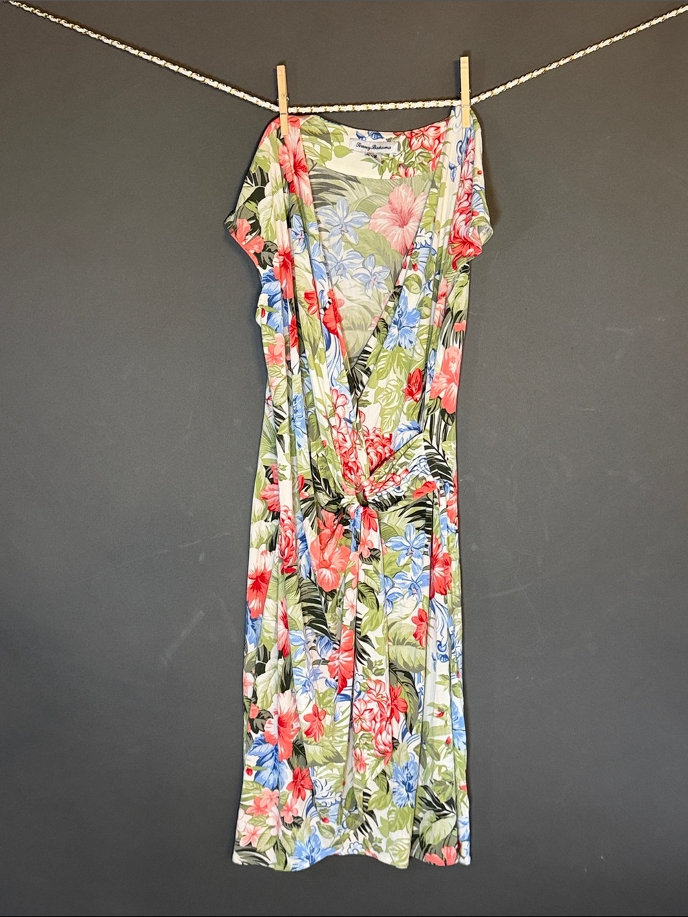Tommy Bahama Green Floral Wrap Midi Dress with Pink & Blue Blooms